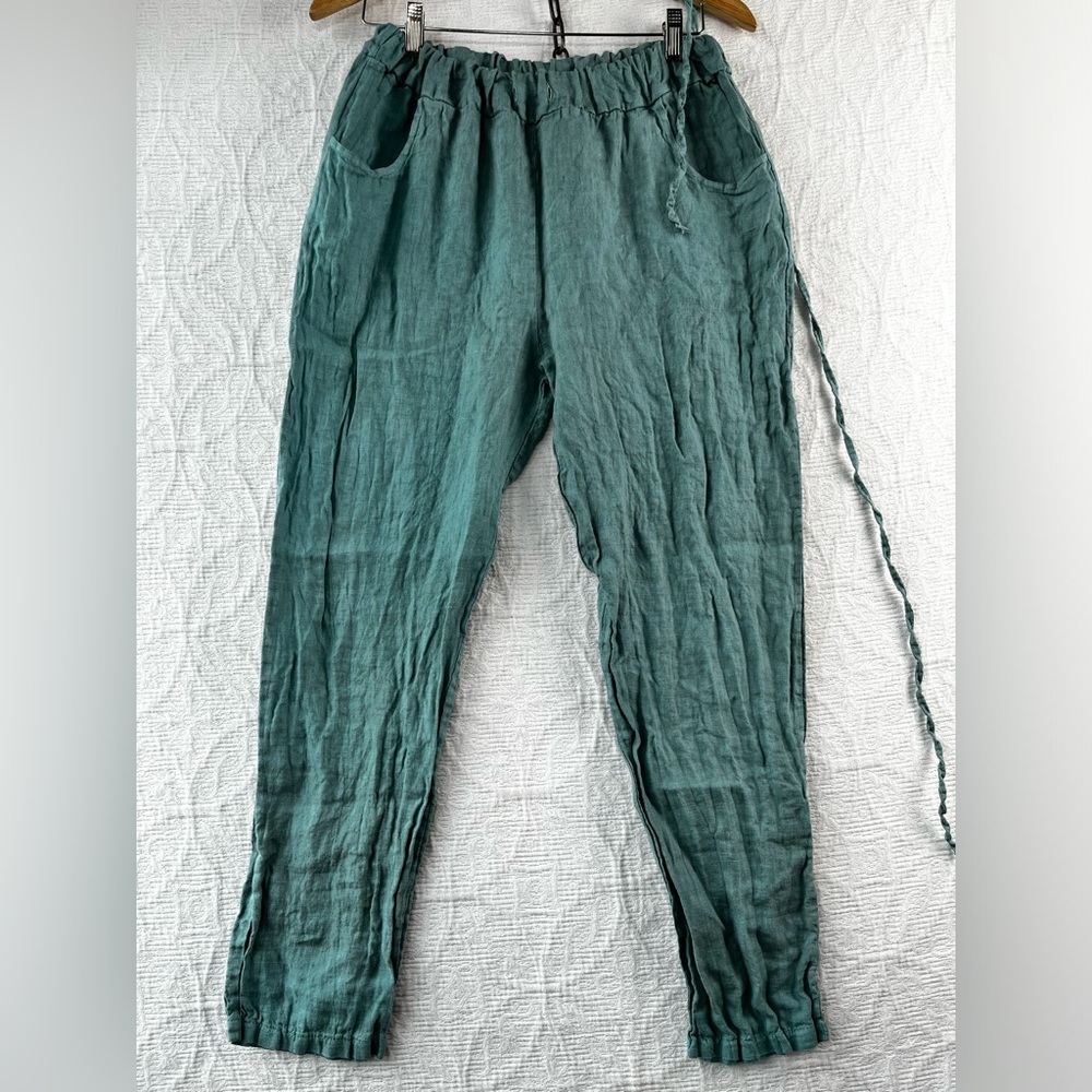 Italian 100 Linen Blue Teal Pants Elastic Waist Pull On Lightweight dropcrotch